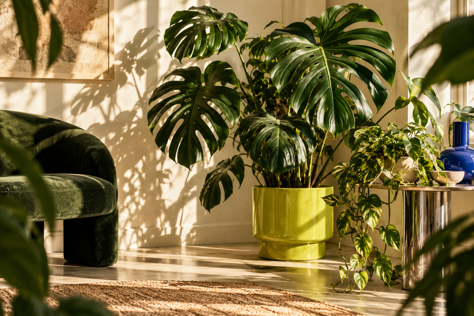 Editorial artwork of a sunlit Monstera in a lime planter beside a velvet chair